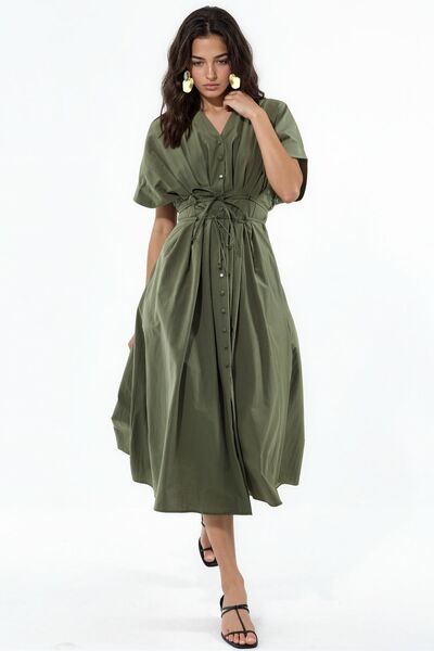 Hiccup Busem V-Neck Midi Shirt Dress