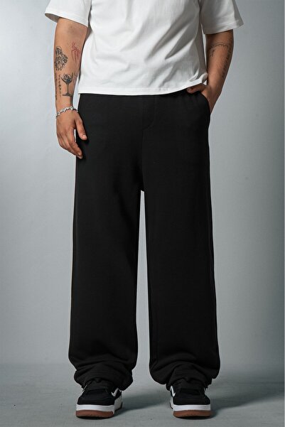 Crupt Studio Black Raw Wide Leg Men's Sweatpants with Stopper Summer Sweatpants