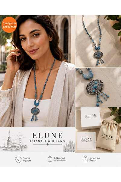 ELUNE İSTANBUL & Milano Turkuaz Taşlı Otantik Oval Madalyon Kadın Kolye