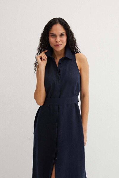 Silk and Cashmere Lacivert Kate Keten Polo Yaka Kolsuz Uzun Elbise