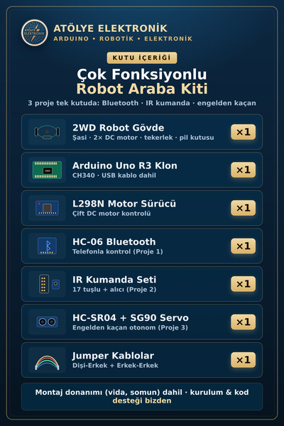 Genel Markalar Çok Fonksiyonlu Robot Araba Kiti (Bluetooth + IR Kumanda + Engelden Kaçan)