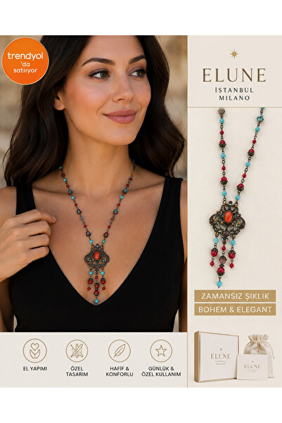 ELUNE İSTANBUL & Milano Otantik Vintage Kadın Kolye – Kırmızı Turkuaz Taşlı M...