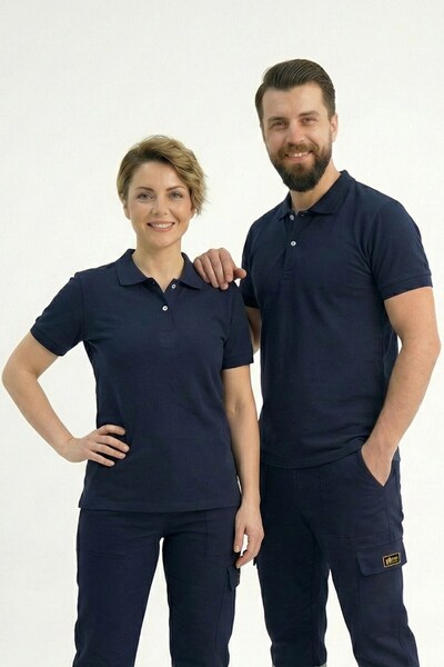 ÇİZGİ MEDİKAL Navy Blue Polo Collar Short Sleeve Business T-Shirt Combed Cott...