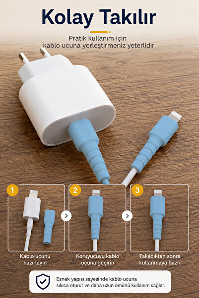 omilife Mavi Apple iPhone Kablo Ucu Koruyucu Silikon Lightning Şarj Kablosu Kırılma Önleyici Aparat