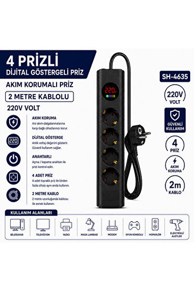 AŞIK STORE SH-4635 4’lü Akım Korumalı Priz Dijital Voltaj Göstergeli 2500W 2 ...