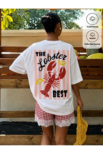 chaygoy Kadın Relaxed Fit Beyaz Tişört Lobster Best Ön ve Sırt Baskılı %100 Pamuk