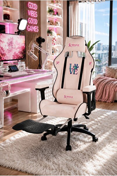 XMAX / Rio Plus Love Açık Pembe Su İtici Lüks Kadife Şönil Kumaş Oyuncu Koltuğu