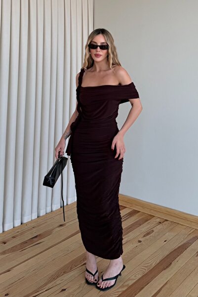 Laluvia Brown Knitted Strap Detailed Draped Dress - 8546