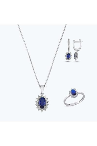 Altınbaş Mavi Taşlı Altın Üçlü Oval Set