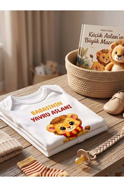 EGGBABY Babasının Yavru Aslanı Baskılı Taraftar Temalı Sarı Kırmızı Aslan Bebek Body Zıbın - %100 Pamuklu