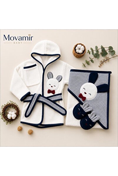 Movamirbaby Movamir Baby Erkek Bebek Havlu Bornoz Banyo Seti %100 Pamuk Kapüş...