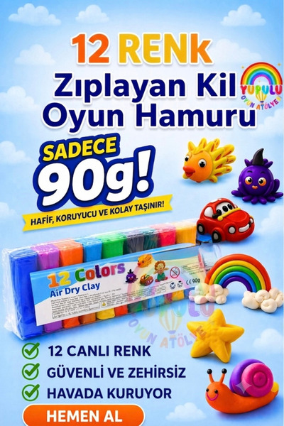 YUPULU Zıplayan Kil Havayla Kuruyan Yumuşak Oyun Hamuru 90 gr 12 Renk Set Ken...