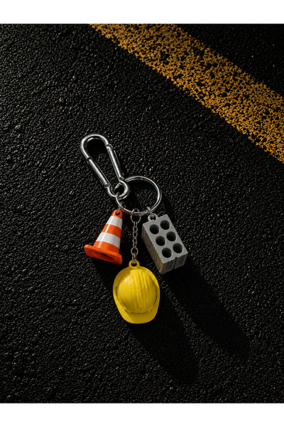 Pocket People Construction Themed Keychain Set – Hard Hat, Traffic Cone, Concrete Block, and Smile Charm |   Bag Charm & Key Accessory