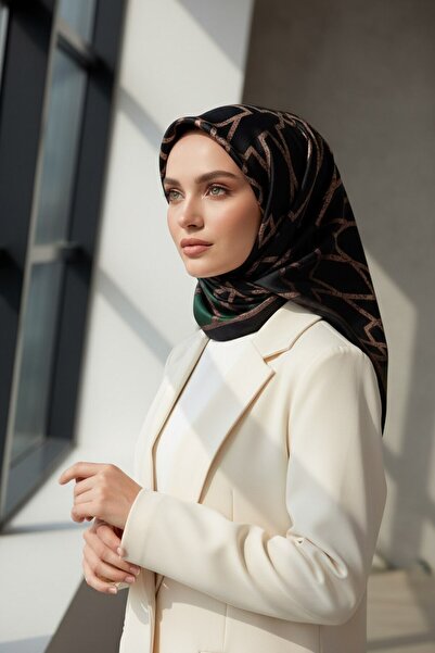 Vissona %100 Twill Türk Motifi  Desenli Zümrüt Yeşili Renkli 90x90 Eşarp Diki...