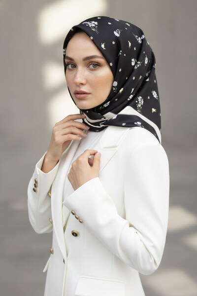 Vissona % 57 İPEK % 43 VİSKON Twill İpek Çıtır Çiçek Desenli Siyah - Gri Renk...