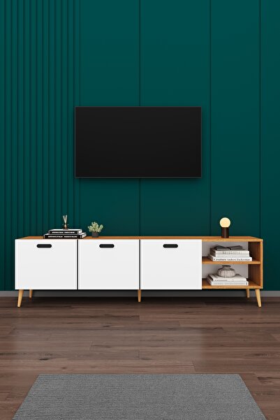 asratrend Modern TV Ünitesi %100 MDF Kapaklı Ahşap Ayaklı Televizyon Sehpası ...