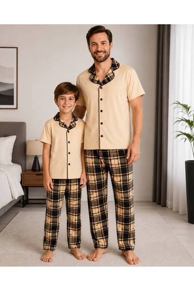 Fil Kids Σετ πιτζάμες για αγόρια μπαμπάς-γιος, βαμβακερό ύφασμα Μιλάνου, μπεζ...