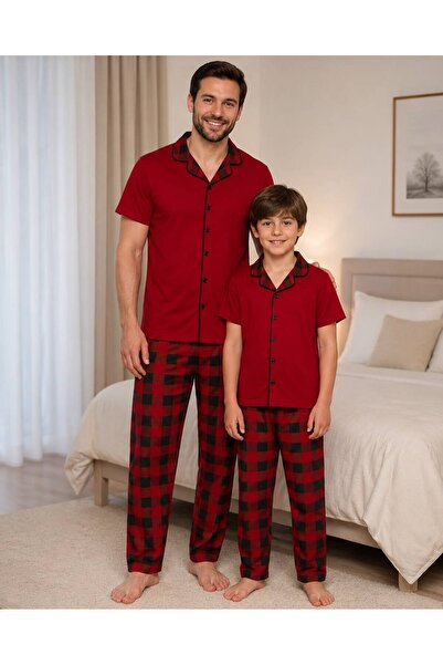 Fil Kids Father-Son Boy Cotton Milan Fabric Red Plaid Shirt Collar Buttoned S...