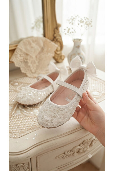pediashoes Stylish Girls' White Sequined Ballet Flats with a Bow on the Back ...