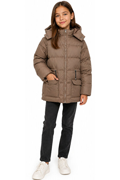 İrem Çocuk Giyim Girl's Brown Coat with Detachable Hood, Zipper Closure, Draw...