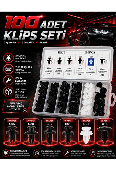 MeyZone 100 Parça Oto Fastener Klip Tampon Kapı Pervazı Tutucu Raptiye Klips ...
