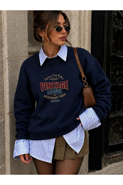 SANTAMİLA Navy Blue Crew Neck Vintage Printed Oversize Sweatshirt