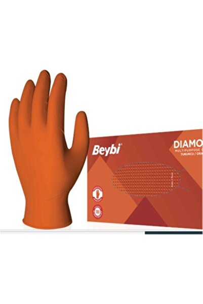 Beybi Diamond Powder-Free L Size Thick Orange Nitrile Gloves Large (Pack of 100)