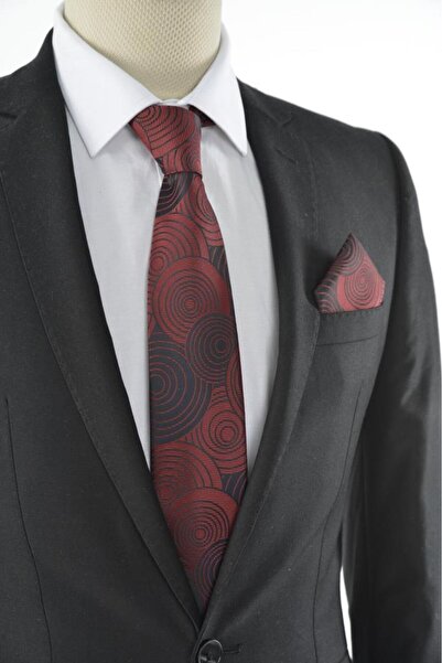 Brianze Geometric Pattern Claret Red Necktie with Handkerchief