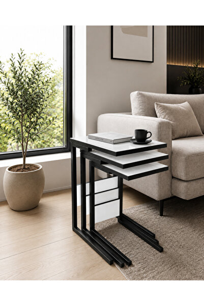 VEYSEL WOODWORKİNG Metal Ayaklı 3'lü Zigon Sehpa Orta Sehpa - Beyaz Siyah