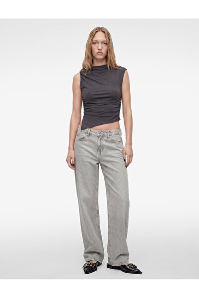Koton Drapeli Slim Fit Kısa Kollu Dik Yaka Asimetrik Bluz