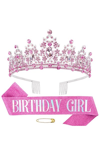 choice2 pink Baroque Rhinestones Birthday Girl Sash Ribbon Crown Tiara Headba...