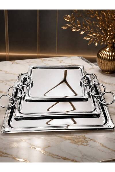 aljahwari Set of 3 Serving Dishes, Silver, Complete, 3 Different Sizes, 141932C