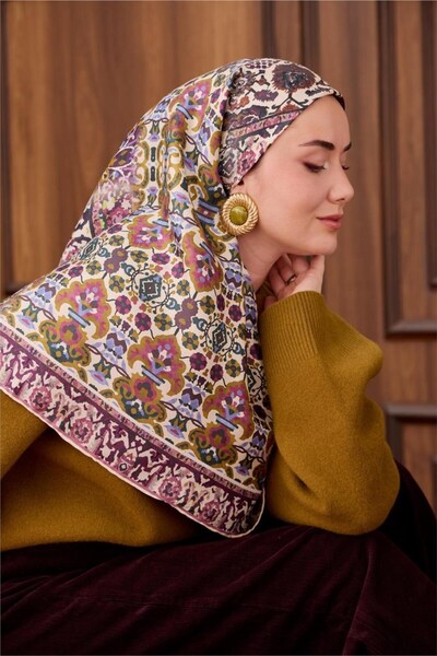 Silk Home Twill İpek Eşarp Koyu Mor-Bebe Mavi Desenli Tok Duruşlu 90x90