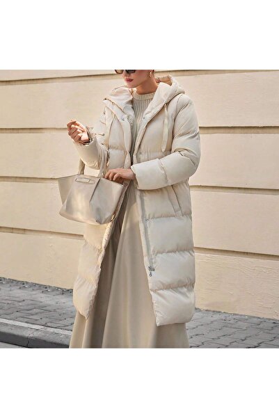 ladyzey Women's Beige Hooded Long Puffer Coat