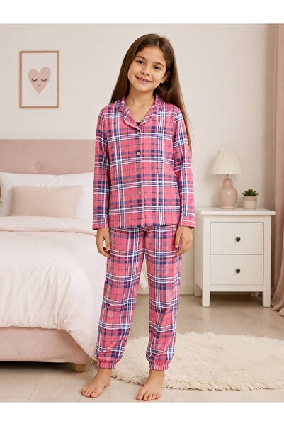 Pajama Shop Girl's 100% Cotton Pink Plaid Patterned Shirt Collar Buttoned Paj...