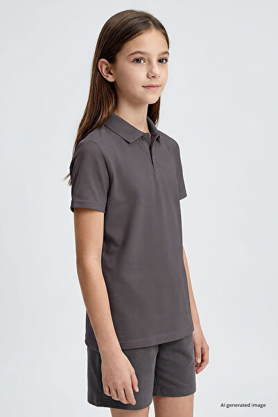 TOMMY LIFE Dark Gray Polo Collar Standard Fit Basic Unisex Kids T-Shirt - 11330