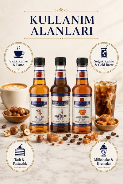 Simonelli Kahve ve Kokteyl Şurub Seti 3x250 ml -Tuzlu Karamel, Hindistan Cevizi, İtalyan Karamel