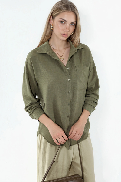 Merterium Women's Single Pocket Oversize Linen Shirt Khaki 1073