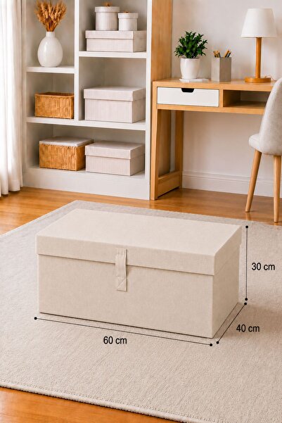 Helen's Home 3 Adet Kapaklı Çok Amaçlı Hurç Saklama Kutusu Organizer Mega Boy 60 X 40 X 30 Cm Bej