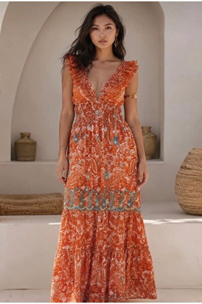 laviyonsa Madonna Collar Orange Gipeli Skirt Embroidered Long Imported Dress ...