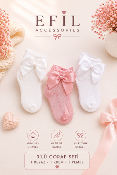 EFİLACCESSORİES Ribboned Summer Socks 3-Pack for 5-6 Years Old Girls