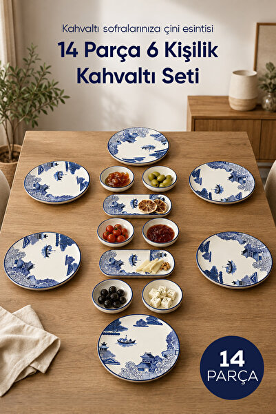 Vienev Mavi Çini Desenli 14 Parça 6 Kişilik Seramik Kahvaltı Takımı Servis Su...