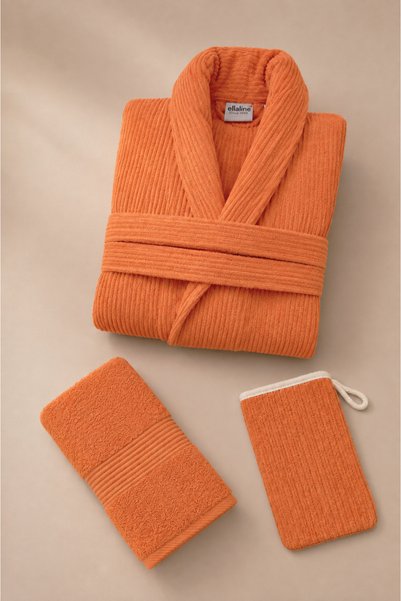 Ellaline Eldy Striped Bathrobe Set, 3 Pieces, 100% Cotton Certified Şalyaka Bathrobe Set - Orange