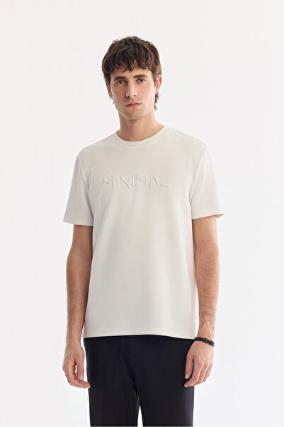 Avva Men's Ecru Crew Neck Printed Bi-Stretch Interlock Regular Fit T-Shirt A6...