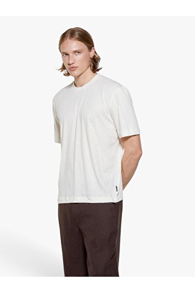 Sisley Keten Karışımlı Bisiklet Yaka Regular Fit T-Shirt Erkek Krem T-Shirt -...