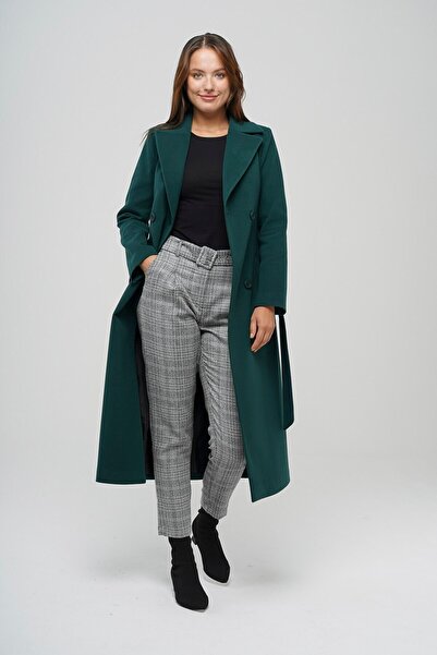 Olcay Double-Breasted Waist-Tied Mid-Length Coat Green 3754-Y
