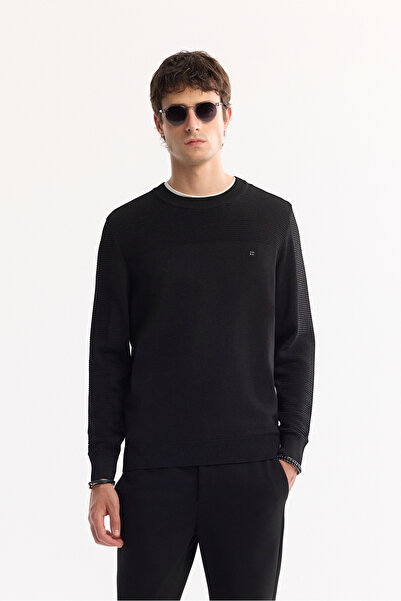 Avva Men's Black Crew Neck Rayon Non-Pilling Textured Knitwear Regular Fit Sw...