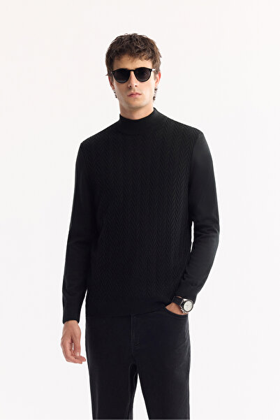 Avva Men's Black Turtleneck Wool Blend Textured Knitwear Regular Fit Sweater ...