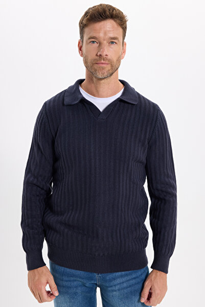 Tudors Men's standard fit regular cut polo neck navy blue sweater
