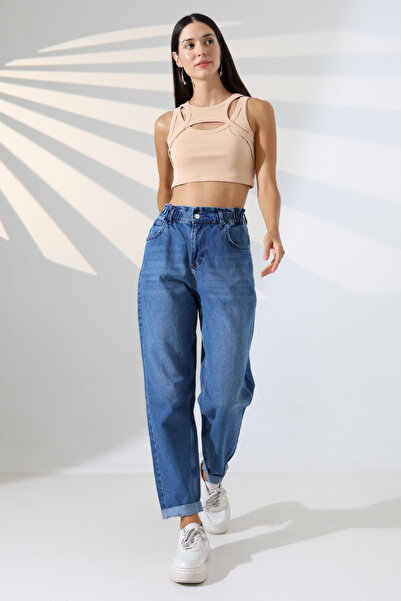 sports here Kız / Kadın Yüksek Bel Beli Lastikli Rahat Kalıp Mavi Denim Kot P...